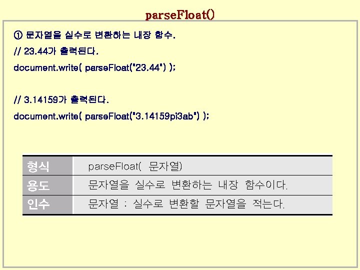 parse. Float() ① 문자열을 실수로 변환하는 내장 함수. // 23. 44가 출력된다. document. write(