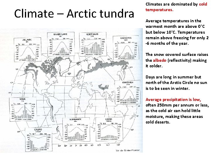 Climate – Arctic tundra Climates are dominated by cold temperatures. Average temperatures in the