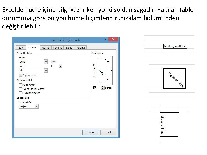 Excelde hücre içine bilgi yazılırken yönü soldan sağadır. Yapılan tablo durumuna göre bu yön