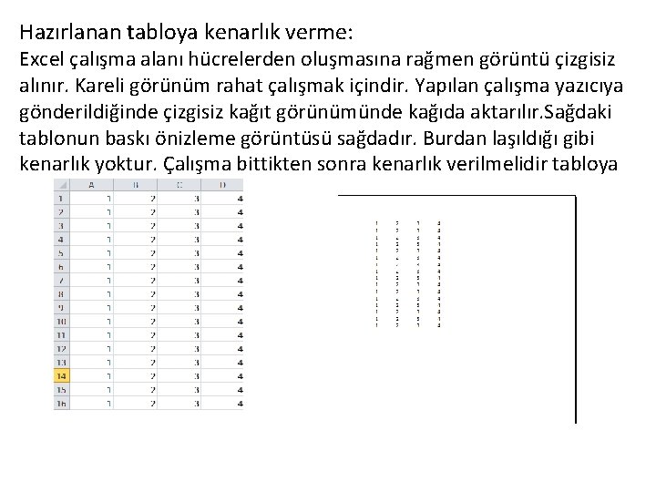 Hazırlanan tabloya kenarlık verme: Excel çalışma alanı hücrelerden oluşmasına rağmen görüntü çizgisiz alınır. Kareli