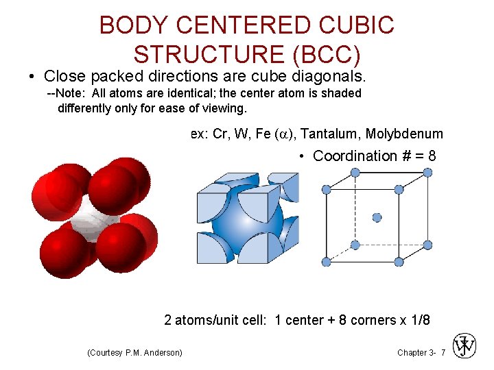 BODY CENTERED CUBIC STRUCTURE (BCC) • Close packed directions are cube diagonals. --Note: All BODY CENTERED CUBIC STRUCTURE (BCC) • Close packed directions are cube diagonals. --Note: All