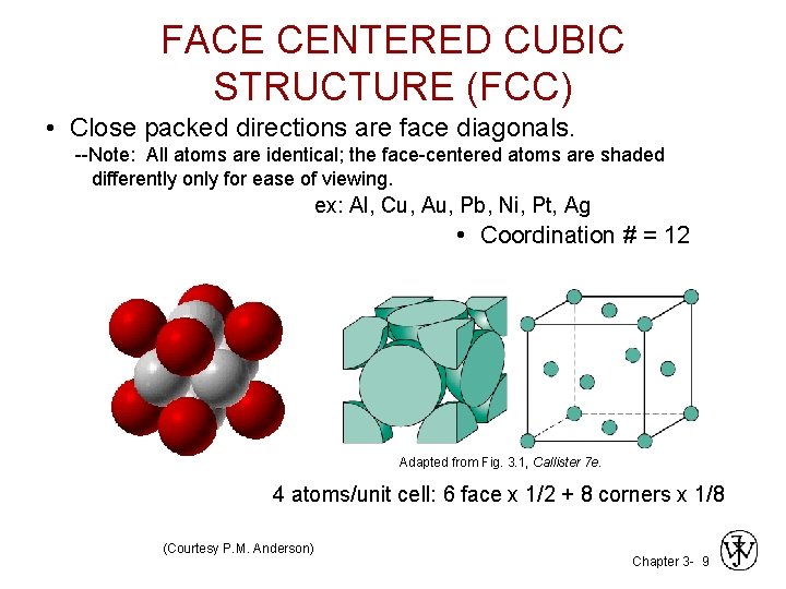 FACE CENTERED CUBIC STRUCTURE (FCC) • Close packed directions are face diagonals. --Note: All FACE CENTERED CUBIC STRUCTURE (FCC) • Close packed directions are face diagonals. --Note: All