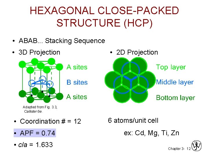 HEXAGONAL CLOSE-PACKED STRUCTURE (HCP) • ABAB. . . Stacking Sequence • 3 D Projection HEXAGONAL CLOSE-PACKED STRUCTURE (HCP) • ABAB. . . Stacking Sequence • 3 D Projection