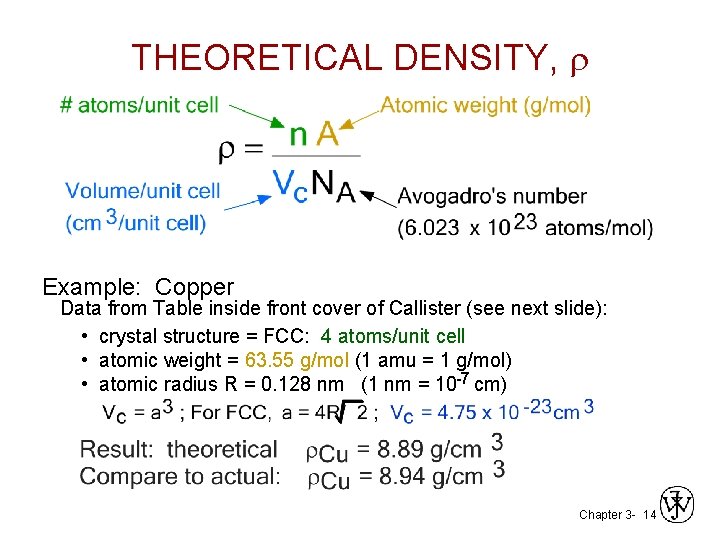 THEORETICAL DENSITY, Example: Copper Data from Table inside front cover of Callister (see next THEORETICAL DENSITY, Example: Copper Data from Table inside front cover of Callister (see next
