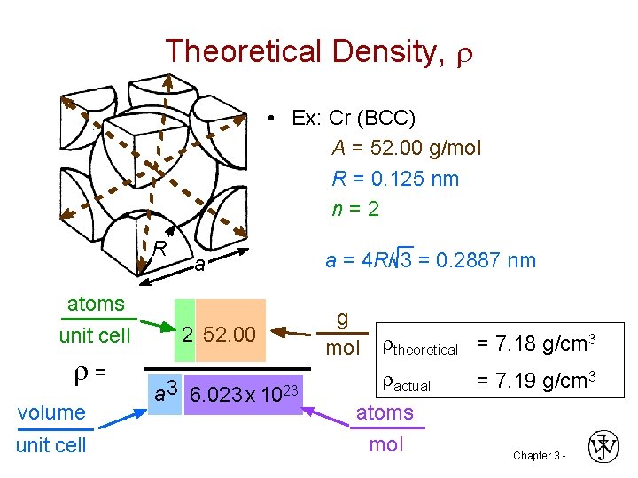 Theoretical Density, • Ex: Cr (BCC) A = 52. 00 g/mol R = 0. Theoretical Density, • Ex: Cr (BCC) A = 52. 00 g/mol R = 0.