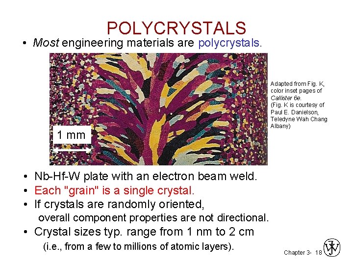 POLYCRYSTALS • Most engineering materials are polycrystals. 1 mm Adapted from Fig. K, color POLYCRYSTALS • Most engineering materials are polycrystals. 1 mm Adapted from Fig. K, color
