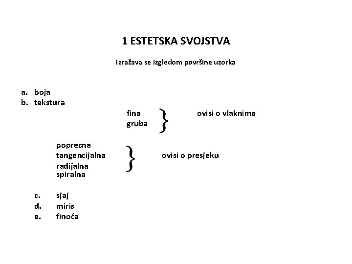 1 ESTETSKA SVOJSTVA Izražava se izgledom površine uzorka a. boja b. tekstura poprečna tangencijalna
