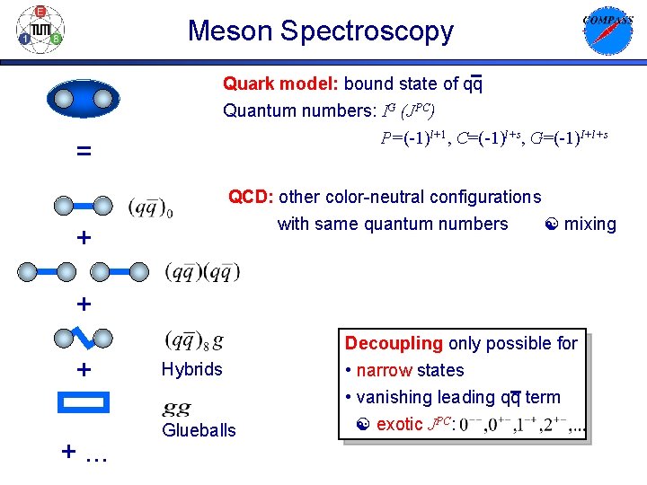 Meson Spectroscopy Quark model: bound state of qq Quantum numbers: IG (JPC) P=(-1)l+1, C=(-1)l+s,