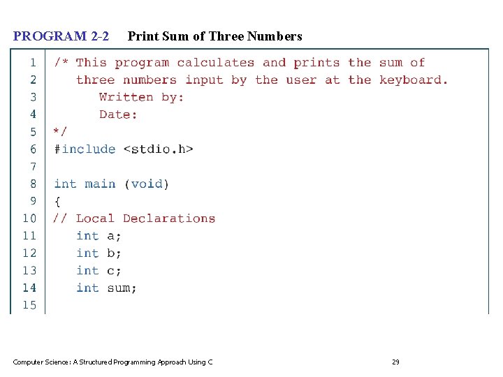 PROGRAM 2 -2 Print Sum of Three Numbers Computer Science: A Structured Programming Approach
