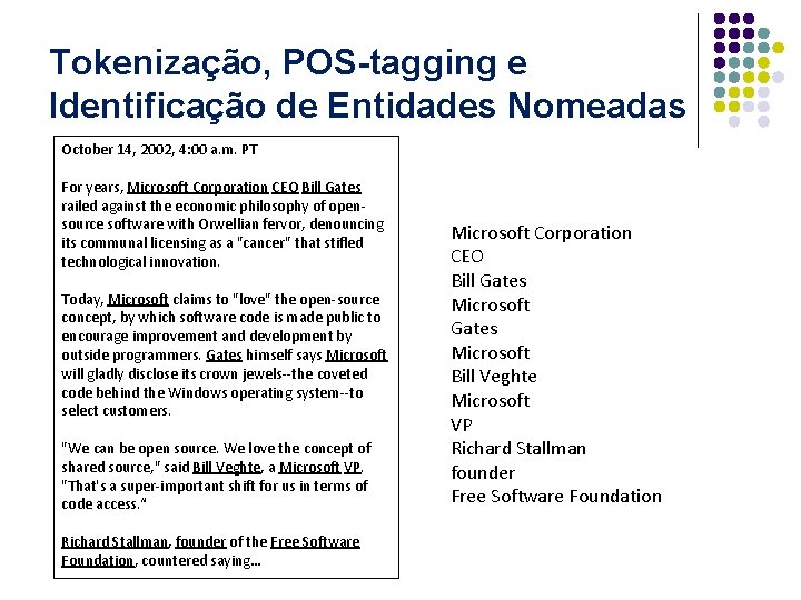 Tokenização, POS-tagging e Identificação de Entidades Nomeadas October 14, 2002, 4: 00 a. m.