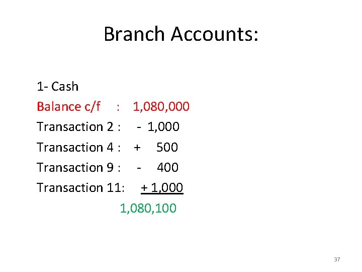 Branch Accounts: 1 - Cash Balance c/f : 1, 080, 000 Transaction 2 :