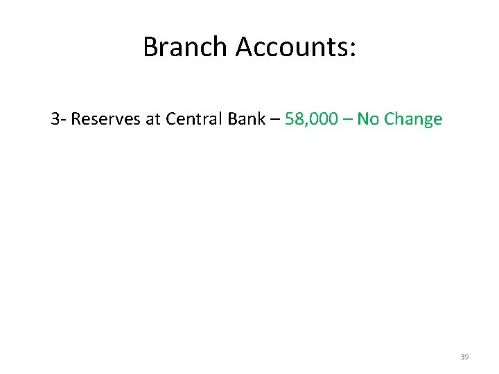 Branch Accounts: 3 - Reserves at Central Bank – 58, 000 – No Change