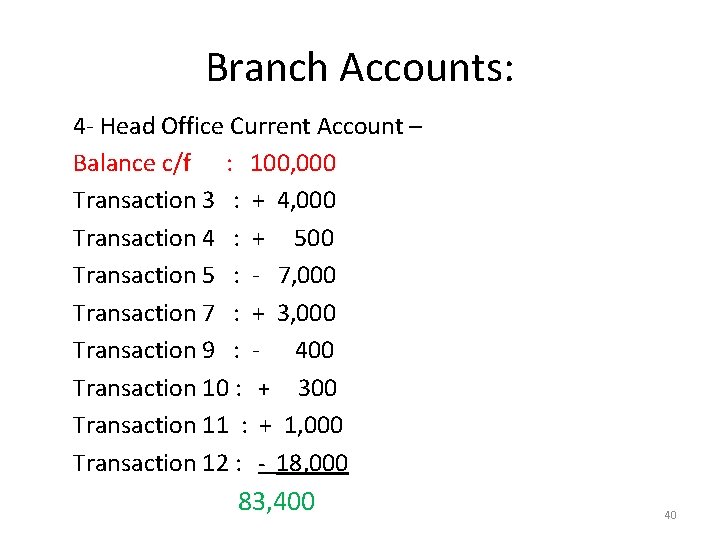 Branch Accounts: 4 - Head Office Current Account – Balance c/f : 100, 000