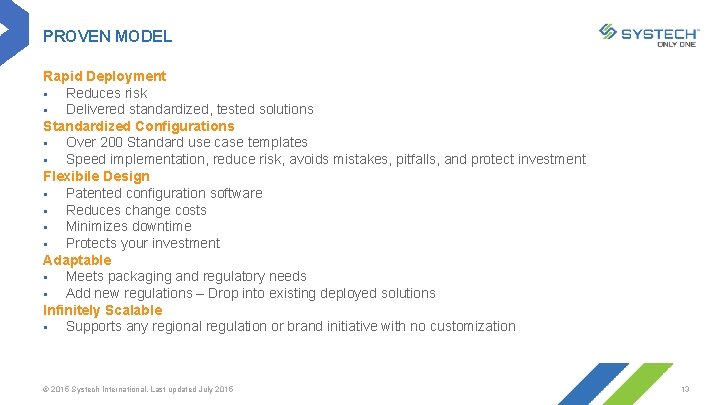 PROVEN MODEL Rapid Deployment § Reduces risk § Delivered standardized, tested solutions Standardized Configurations