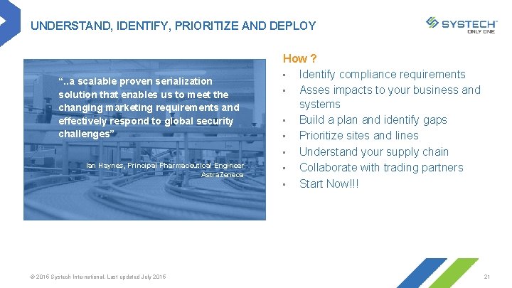 UNDERSTAND, IDENTIFY, PRIORITIZE AND DEPLOY “. . a scalable proven serialization solution that enables