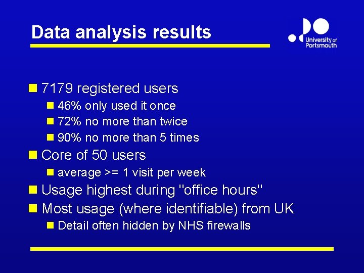 Data analysis results n 7179 registered users n 46% only used it once n