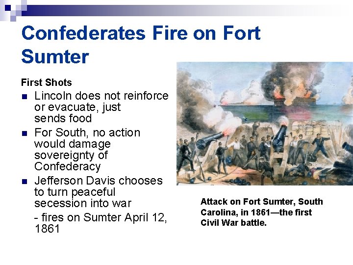 Confederates Fire on Fort Sumter First Shots n n n Lincoln does not reinforce