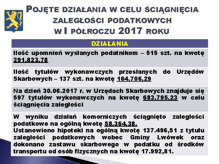 POJĘTE DZIAŁANIA W CELU ŚCIĄGNIĘCIA ZALEGŁOŚCI PODATKOWYCH W I PÓŁROCZU 2017 ROKU DZIAŁANIA Ilość