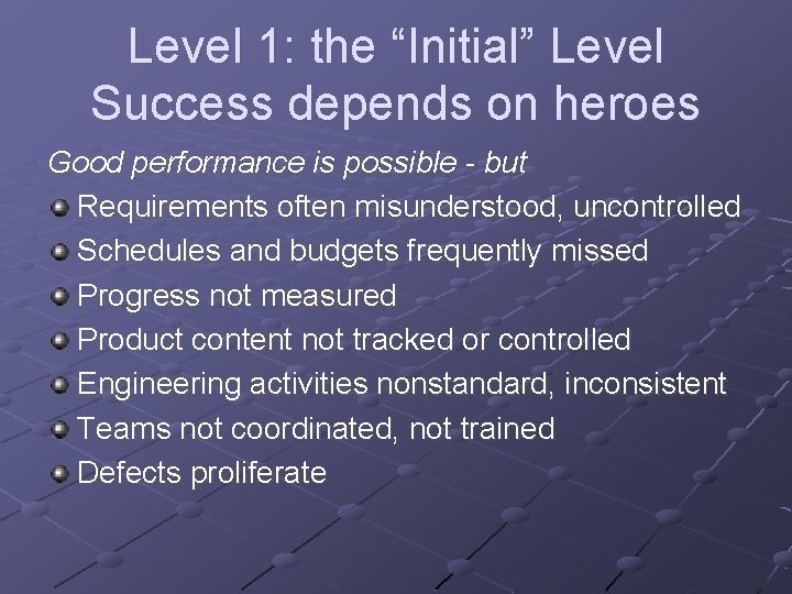Level 1: the “Initial” Level Success depends on heroes Good performance is possible -