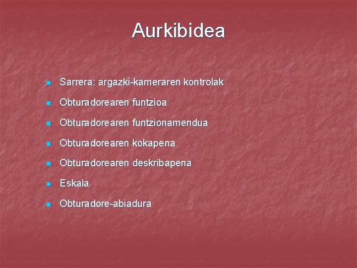 Aurkibidea n Sarrera: argazki-kameraren kontrolak n Obturadorearen funtzioa n Obturadorearen funtzionamendua n Obturadorearen kokapena