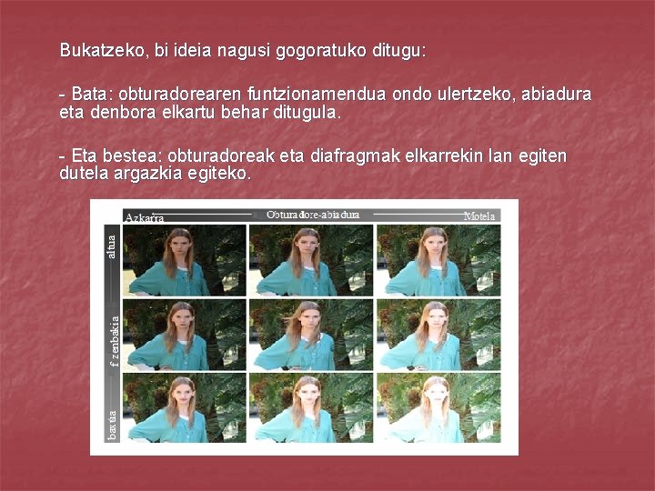 Bukatzeko, bi ideia nagusi gogoratuko ditugu: - Bata: obturadorearen funtzionamendua ondo ulertzeko, abiadura eta