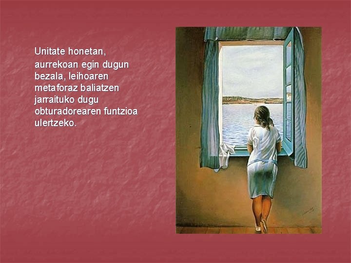 Unitate honetan, aurrekoan egin dugun bezala, leihoaren metaforaz baliatzen jarraituko dugu obturadorearen funtzioa ulertzeko.