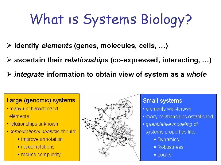 What is Systems Biology? Ø identify elements (genes, molecules, cells, …) Ø ascertain their