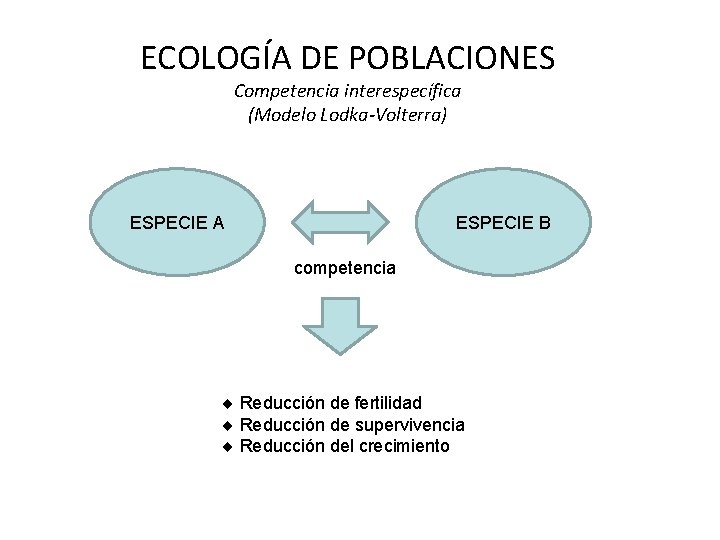 ECOLOGÍA DE POBLACIONES Competencia interespecífica (Modelo Lodka-Volterra) ESPECIE A ESPECIE B competencia Reducción de