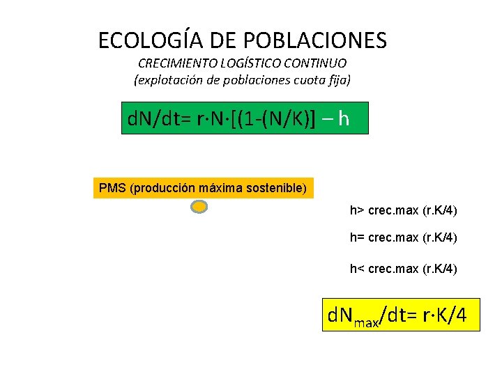 ECOLOGÍA DE POBLACIONES CRECIMIENTO LOGÍSTICO CONTINUO (explotación de poblaciones cuota fija) d. N/dt= r·N·[(1