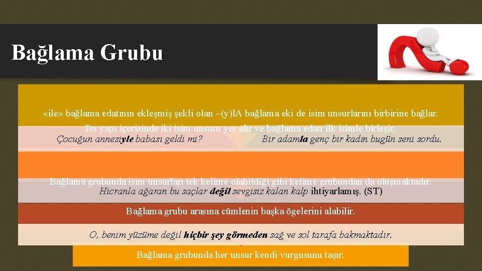 Bağlama Grubu «ile» bağlama edatının ekleşmiş şekli olan –(y)l. A bağlama eki de isim