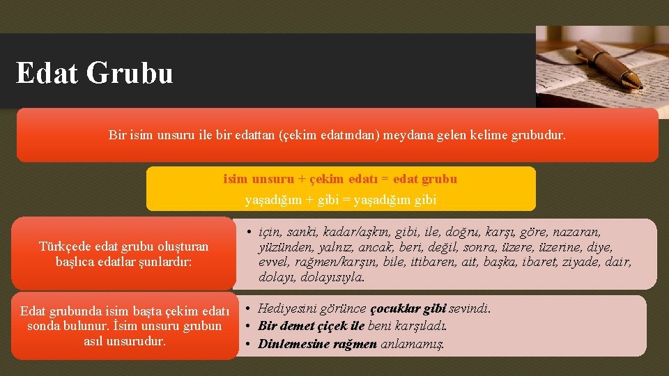 Edat Grubu Bir isim unsuru ile bir edattan (çekim edatından) meydana gelen kelime grubudur.