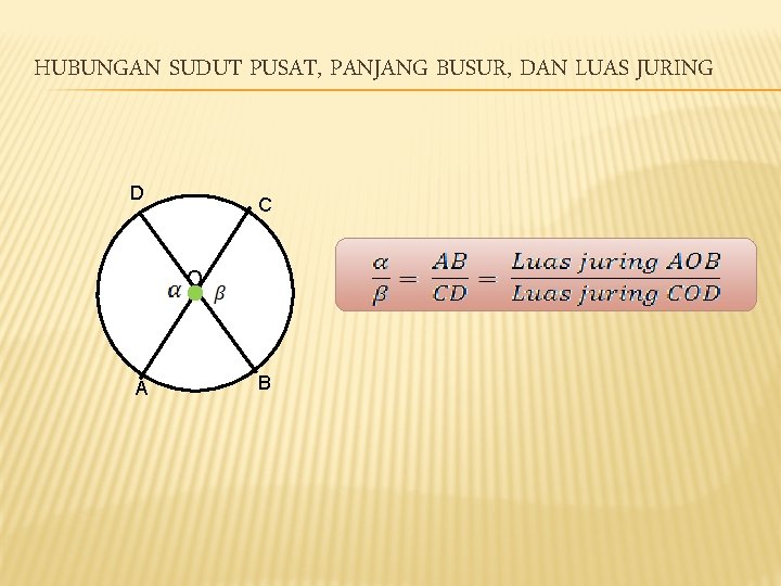 HUBUNGAN SUDUT PUSAT, PANJANG BUSUR, DAN LUAS JURING D C o A B HUBUNGAN SUDUT PUSAT, PANJANG BUSUR, DAN LUAS JURING D C o A B