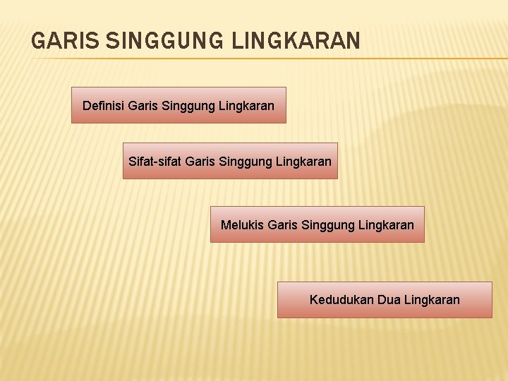 GARIS SINGGUNG LINGKARAN Definisi Garis Singgung Lingkaran Sifat-sifat Garis Singgung Lingkaran Melukis Garis Singgung GARIS SINGGUNG LINGKARAN Definisi Garis Singgung Lingkaran Sifat-sifat Garis Singgung Lingkaran Melukis Garis Singgung