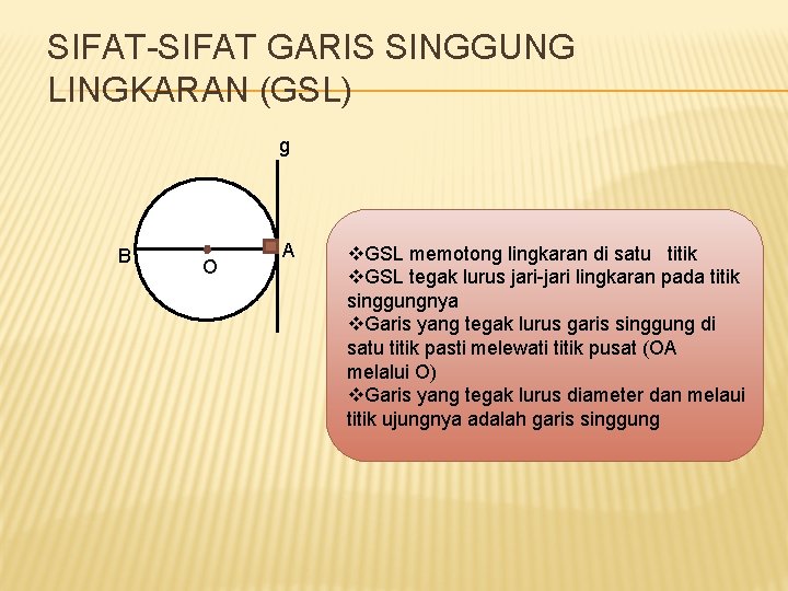 SIFAT-SIFAT GARIS SINGGUNG LINGKARAN (GSL) g B O A v. GSL memotong lingkaran di SIFAT-SIFAT GARIS SINGGUNG LINGKARAN (GSL) g B O A v. GSL memotong lingkaran di