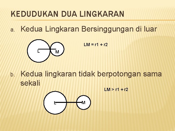 KEDUDUKAN DUA LINGKARAN a. Kedua Lingkaran Bersinggungan di luar L b. M LM = KEDUDUKAN DUA LINGKARAN a. Kedua Lingkaran Bersinggungan di luar L b. M LM =