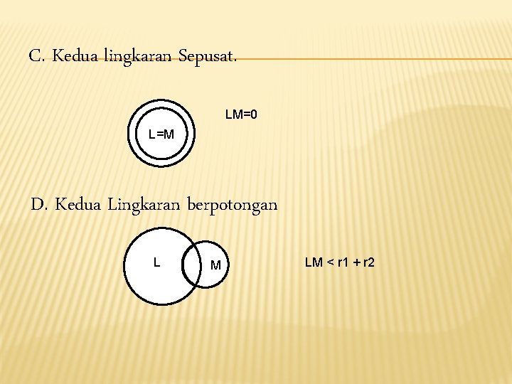 C. Kedua lingkaran Sepusat. LM=0 L=M D. Kedua Lingkaran berpotongan L M LM < C. Kedua lingkaran Sepusat. LM=0 L=M D. Kedua Lingkaran berpotongan L M LM <