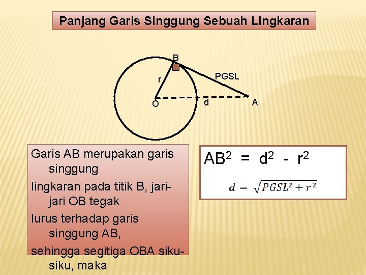 Panjang Garis Singgung Sebuah Lingkaran B PGSL r O Garis AB merupakan garis singgung Panjang Garis Singgung Sebuah Lingkaran B PGSL r O Garis AB merupakan garis singgung