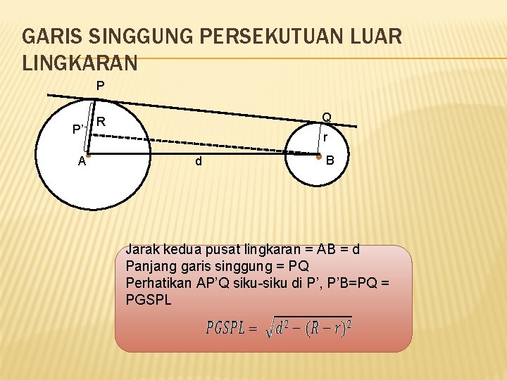 GARIS SINGGUNG PERSEKUTUAN LUAR LINGKARAN P P’ A Q R r d B Jarak GARIS SINGGUNG PERSEKUTUAN LUAR LINGKARAN P P’ A Q R r d B Jarak
