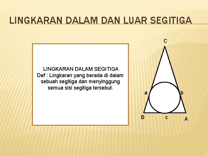 LINGKARAN DALAM DAN LUAR SEGITIGA C LINGKARAN DALAM SEGITIGA Def : Lingkaran yang berada LINGKARAN DALAM DAN LUAR SEGITIGA C LINGKARAN DALAM SEGITIGA Def : Lingkaran yang berada