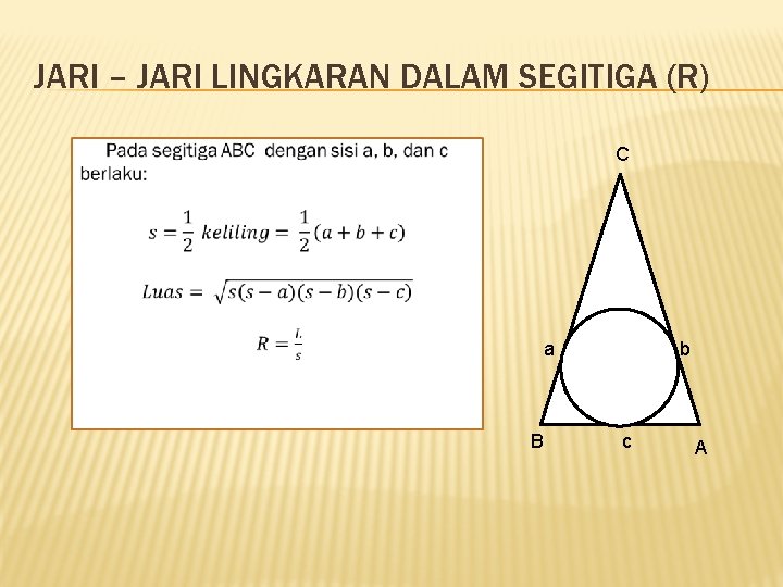 JARI – JARI LINGKARAN DALAM SEGITIGA (R) C a B b c A JARI – JARI LINGKARAN DALAM SEGITIGA (R) C a B b c A