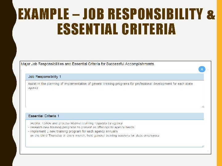 EXAMPLE – JOB RESPONSIBILITY & ESSENTIAL CRITERIA 