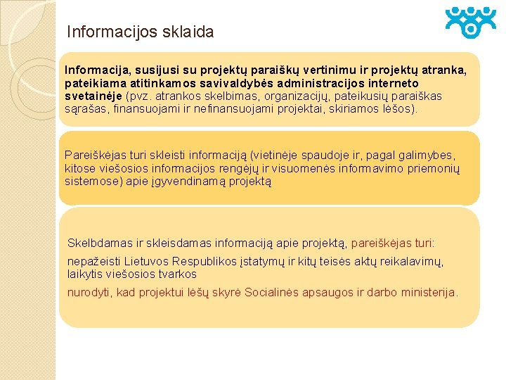 Informacijos sklaida Informacija, susijusi su projektų paraiškų vertinimu ir projektų atranka, pateikiama atitinkamos savivaldybės