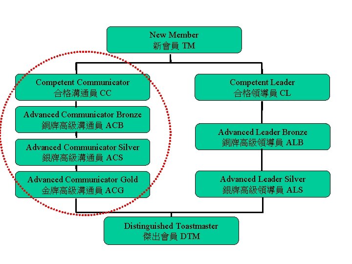 New Member 新會員 TM Competent Communicator 合格溝通員 CC Advanced Communicator Bronze 銅牌高級溝通員 ACB Advanced