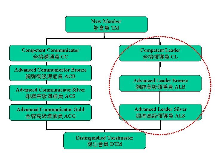 New Member 新會員 TM Competent Communicator 合格溝通員 CC Advanced Communicator Bronze 銅牌高級溝通員 ACB Advanced