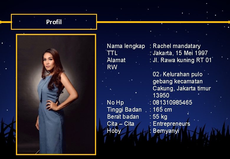 Profil Nama lengkap : Rachel mandatary TTL : Jakarta, 15 Mei 1997 Alamat :