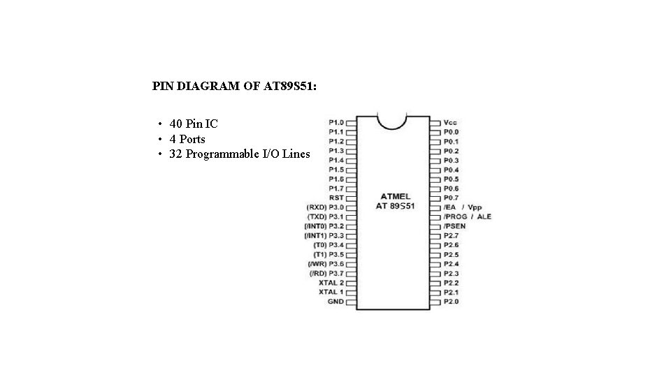 PIN DIAGRAM OF AT 89 S 51: • 40 Pin IC • 4 Ports