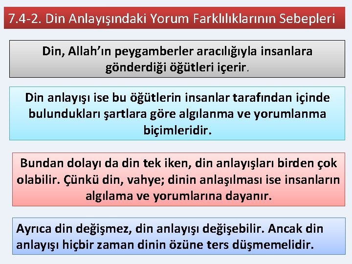 7. 4 -2. Din Anlayışındaki Yorum Farklılıklarının Sebepleri Din, Allah’ın peygamberler aracılığıyla insanlara gönderdiği