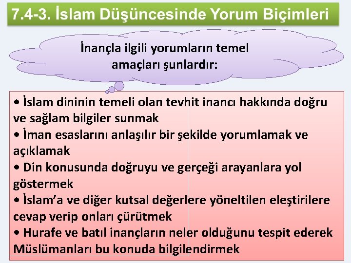 İnançla ilgili yorumların temel amaçları şunlardır: • İslam dininin temeli olan tevhit inancı hakkında