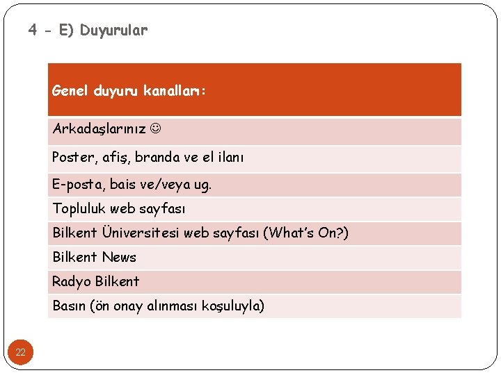 4 - E) Duyurular Genel duyuru kanalları: Arkadaşlarınız Poster, afiş, branda ve el ilanı