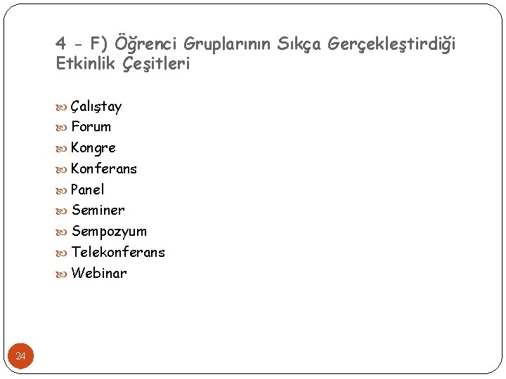 4 - F) Öğrenci Gruplarının Sıkça Gerçekleştirdiği Etkinlik Çeşitleri Çalıştay Forum Kongre Konferans Panel